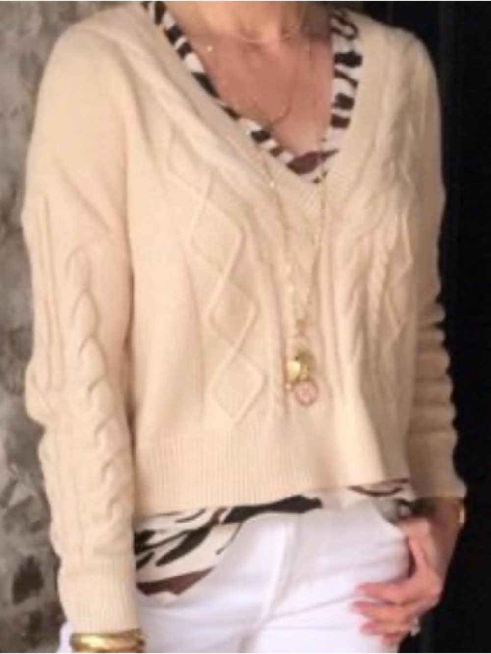 Cabi Cropped Cable Pullover in cream Cable Knit V-Neck Sweater in Cream
